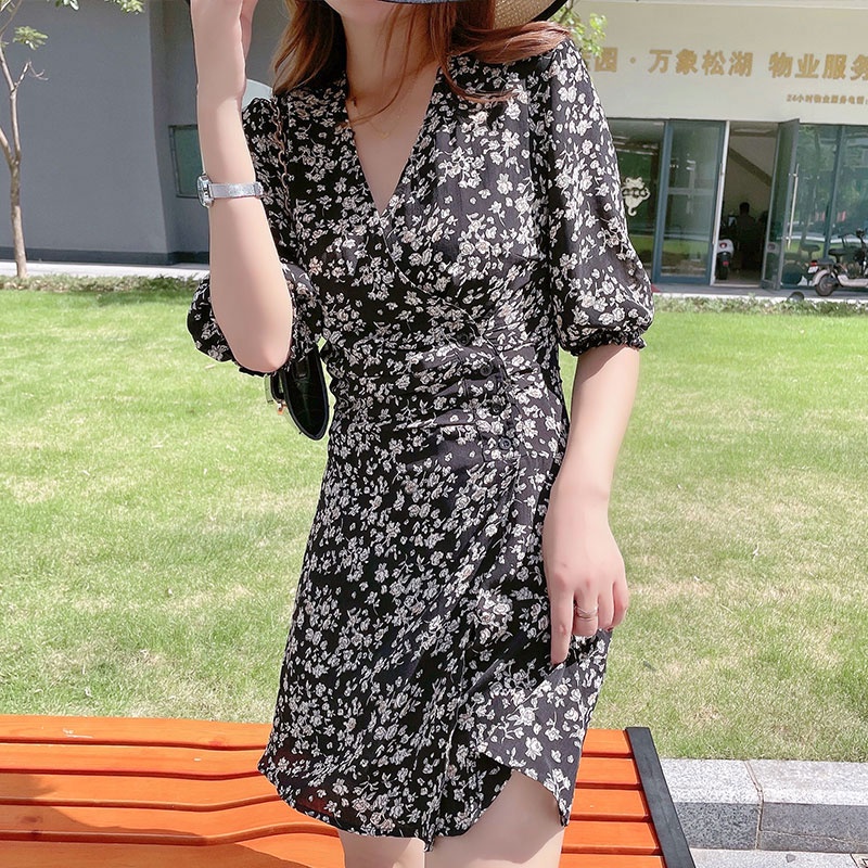 【Blossom】Waist Ruffle  V Neck Fit  Mini Floral Dress 7158