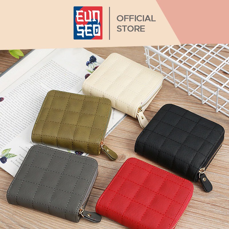 EUNSEO Dompet Premium Wanita Pendek Dompet Quilted Kotak-Kotak Fashion Korea Import