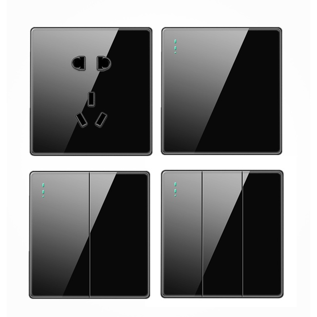 Soket saklar dinding SHINY BLACK PREMIUM, hitam mengkilat 1/2/3 Gang 1 Arah, Stop kontak/USB High Quality