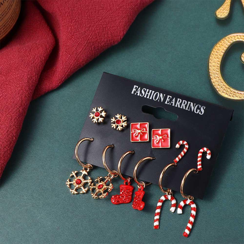 Mxbeauty Set Anting Natal Warna-Warni Berlian Imitasi ELK Perempuan Snowman Ear Stud Bell Perhiasan Fashion