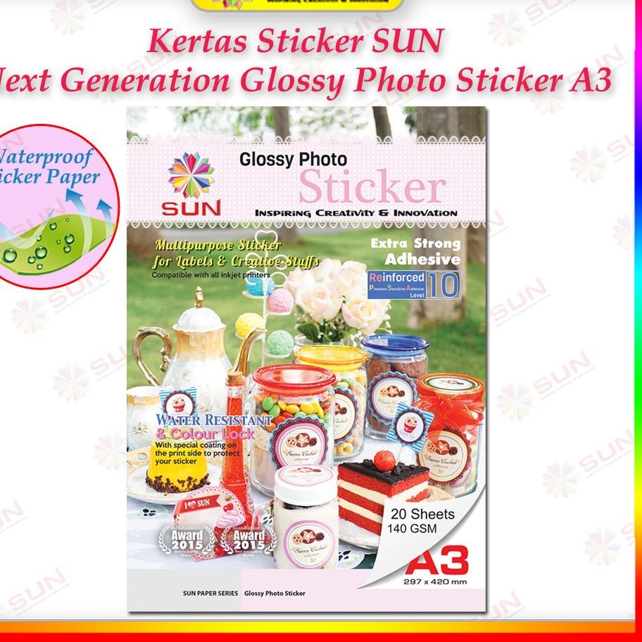 

オ Kertas Sticker A3+/A3 - SUN NG Glossy Photo Sticker 140 Gsm, Foto Glossy Sticker ( Support printer epson/canon/hp/brother ori (dye ) - 664, 003, 673, 001 ) .,.,.