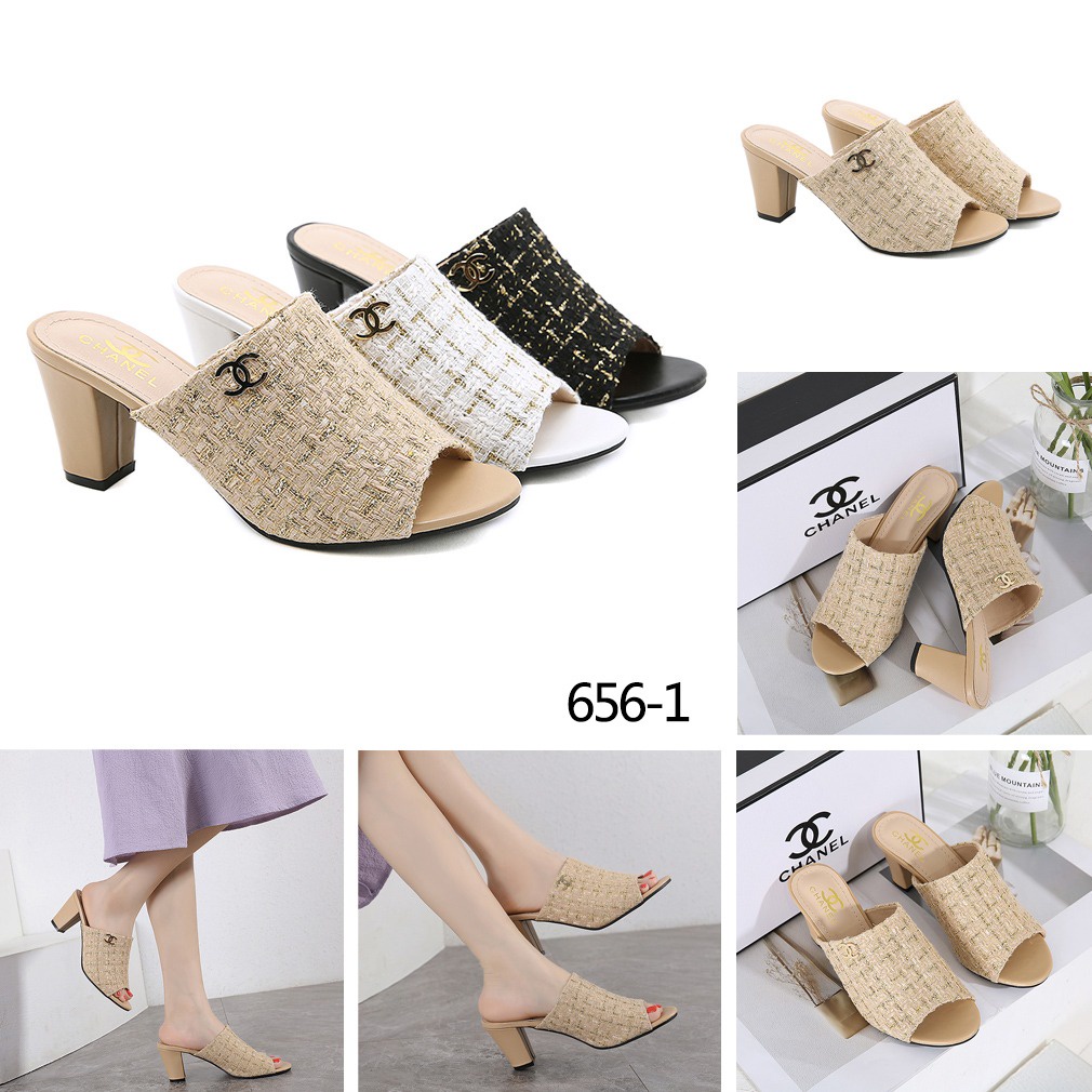 CH Tweed Logo CC Block Heels Sandals 656-1