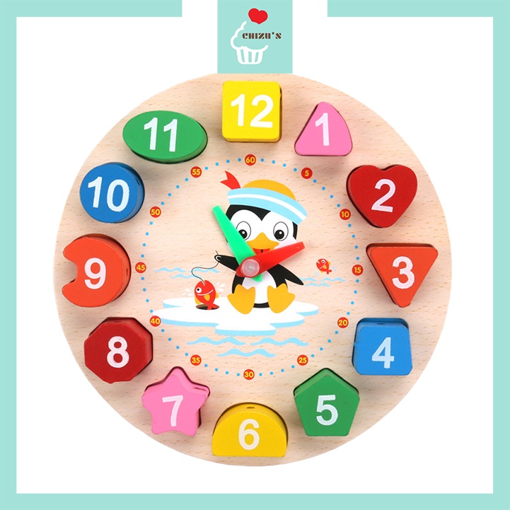 Penguin Chunky Beaded Clock | Mainan Jam Kayu Tebal | Montessori Beading Meronce Motorik Halus | Wooden Digital Number Shape Matching Puzzle | Memasangkan Angka Warna Bentuk Geometri | APE Alat Peraga Edukatif Edukasi Anak Mengenal Waktu Time Teaching Aid