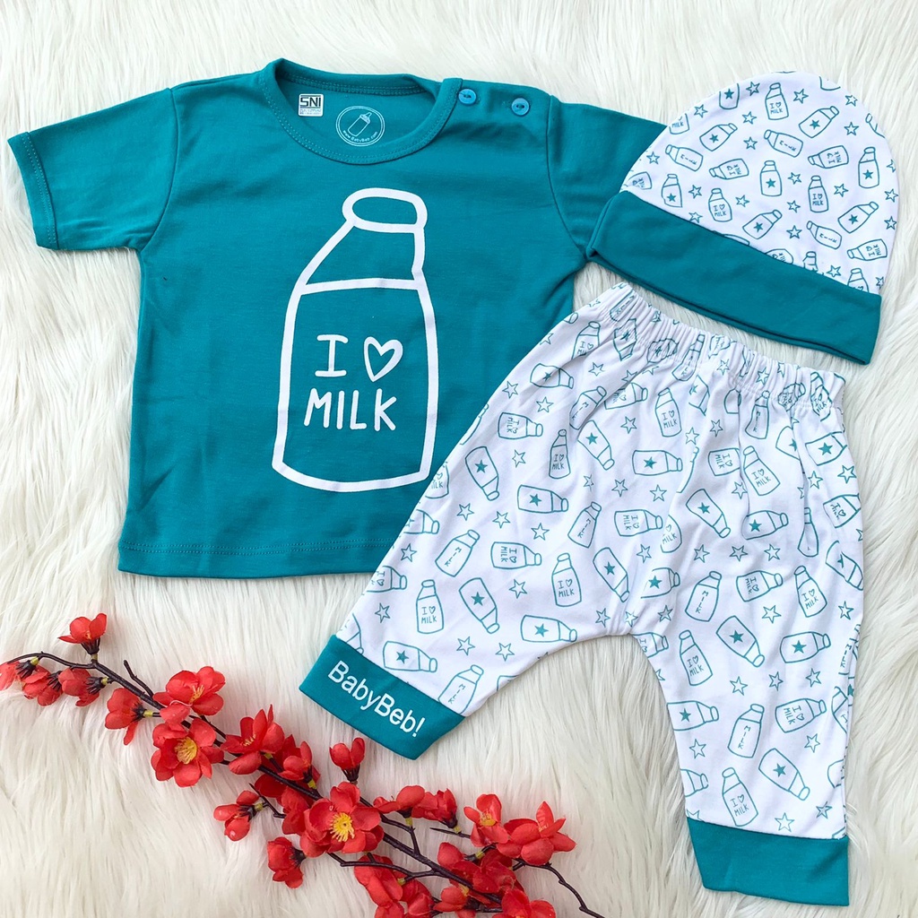 Baju setelan kaos celana topi i love milk lucu pergi casual fashion anak bayi cowok laki cewek perempuan murah -ilo