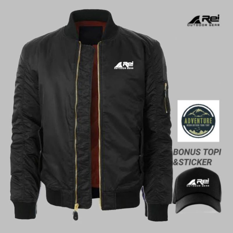 jaket bomber Rei outdoor waterproof anti air free topi dan sticker