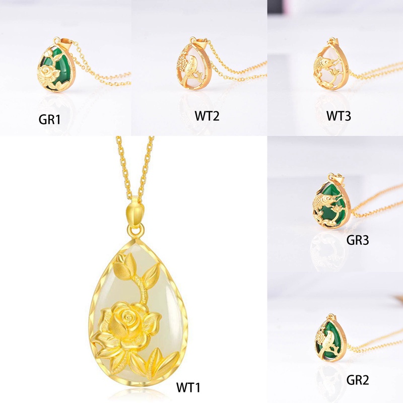 Fancyqube Kalung Liontin Giok Hetian Inheritance Jasper Ikan Dan Burung Lotus Untuk Wanita