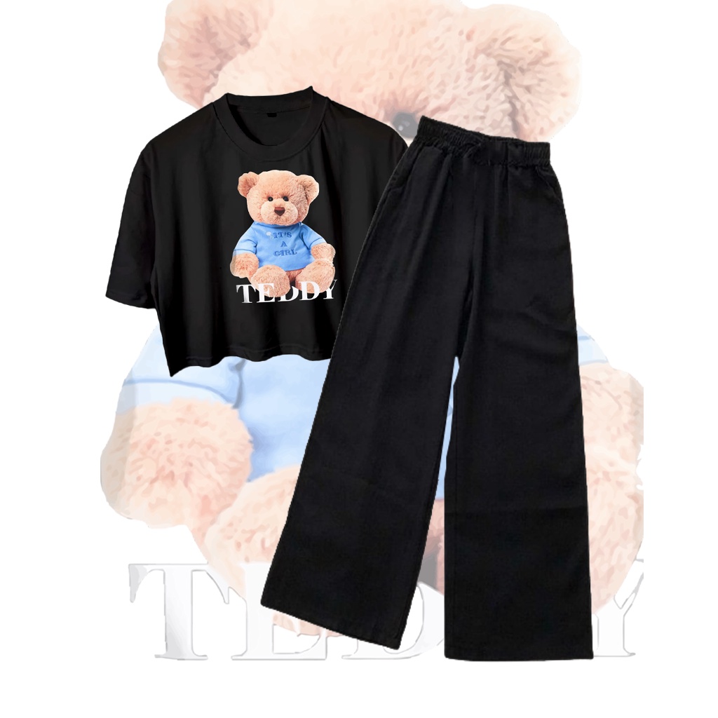 CLSTORE SETELAN BAJU REMAJA USIA 9-16 TAHUN KAOS CROP OVERSIZE DAN CELANA KULOT BEAR SERIES-Hitam Bear Its girl