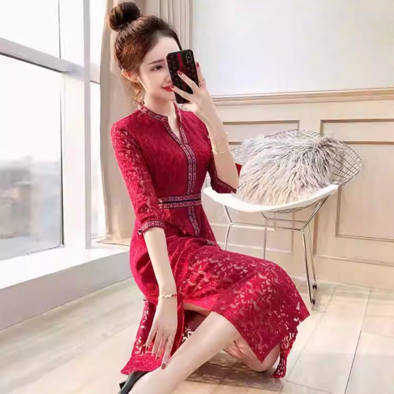 MDLV ~ 0992# CNY Azaleas Lace Midi Dress Imlek Sincia