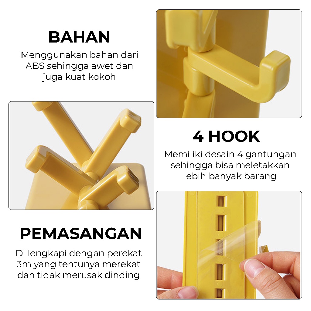 Gantungan Hook 4 Kait Putar Tempel Dinding Stand Hanger 4 IN 1 Serbaguna Cantolan Tempat Gantung Handuk Pakaian Tas Kunci Spatula Lain nya Rak gantungan Tempel Tembok Kamar Dapur Toilet Rapi Anti Slip | GROSIRXPRESS