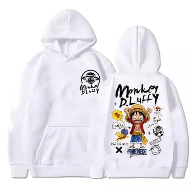 Jaket Sweater Hoodie One Piece Monkey D Luffy Putih Premium - Sweater Hoodie Anime One Piece Kartun D Luffy Kekinian Bahan Flece Tebal Gramasi 280 Size Lengkap S-M-L-XL-XXL