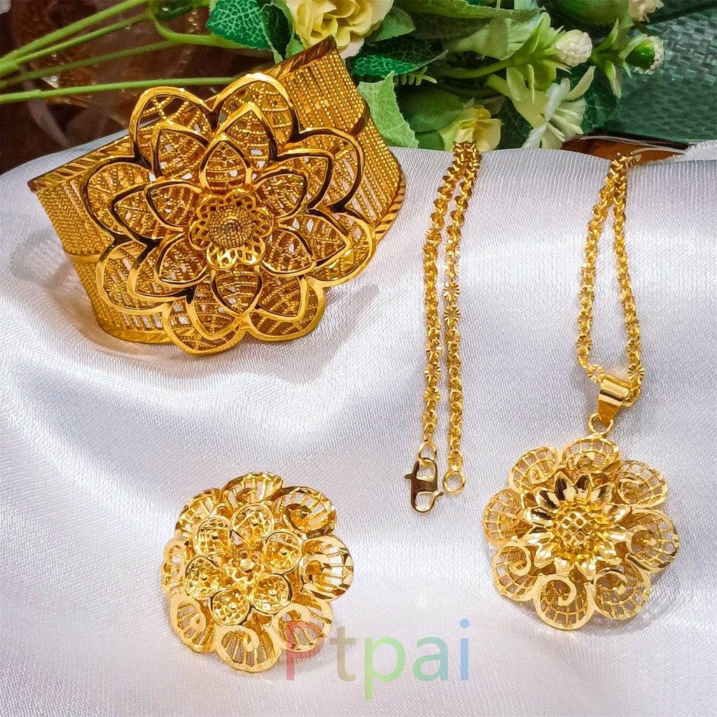Set Xuping Gelang Kendari kalung cincin Terbaru Dubai Perhiasan lapis Emas 24k