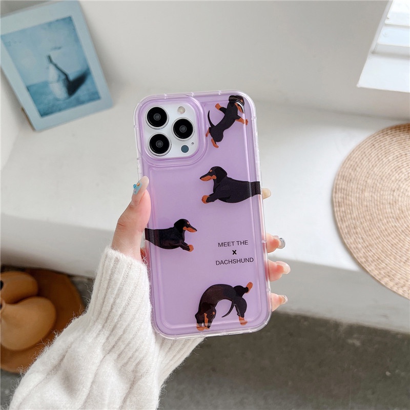 Casing Soft Case TPU Transparan Motif dachshund Ungu Untuk IPhone 14 13 12 11 Pro Max Plus