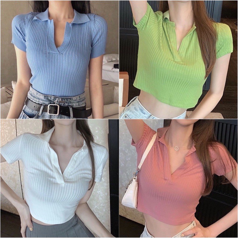 PREMIUM-Atasan Kerah polo Rajut  / Korean Vneck Kra Blouse / Polo Shirt Atasan Wanita