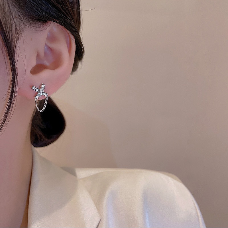 Anting Tusuk Gantung Bahan Sterling Silver 925 Bentuk X Hias Zircon Gaya Simplekeren Untuk Wanita