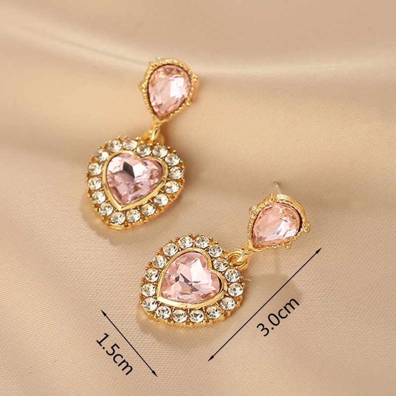 2022 Anting Tusuk Gantung Desain Hati Hias Kristal / Permata Pink Gaya Korea / Retro Untuk Wanita