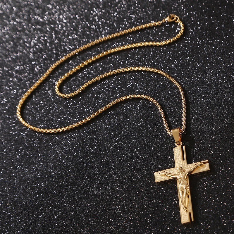 Kalung Liontin Salib Yesus Bahan Stainless Steel Gaya Hip Hop Untuk Pria