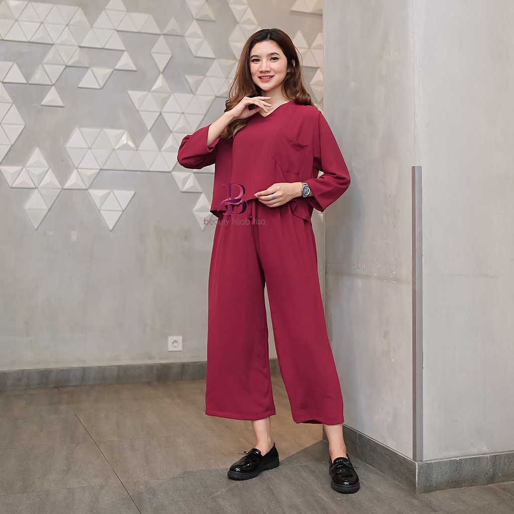 Sania One set polos Crinkle airflow Anti Kusut Crop V Polos setelan wanita lengan panjang terbaru kekinian variasi pocket UK Bigsize beautyhijabtisa