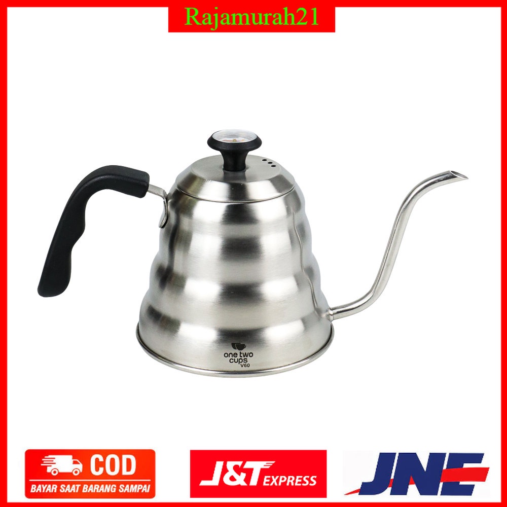 One Two Cups Coffee Maker Pot V60 Drip Kettle Teko Barista 1155ml with Thermometer - Silver