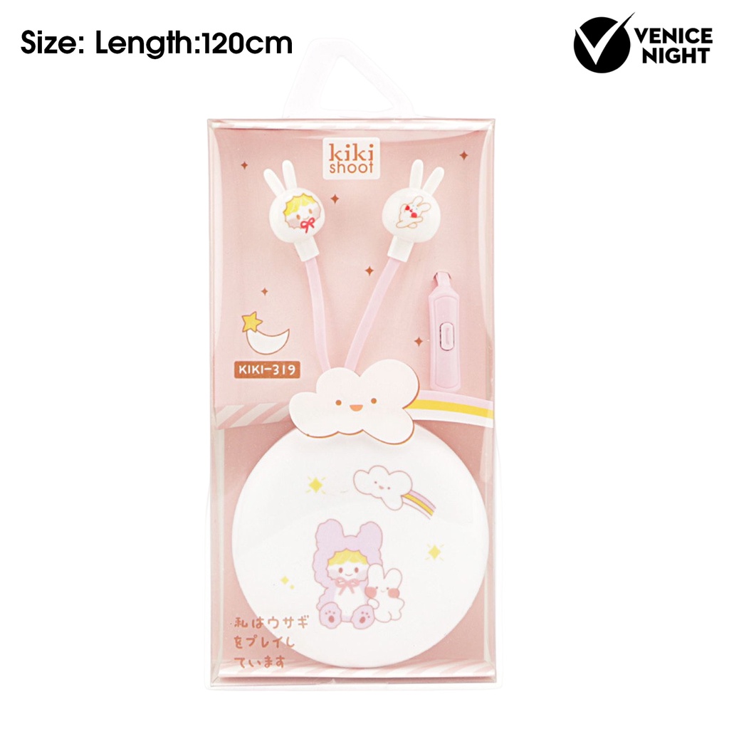 (VNEP) (Berkabel) Earbud Sensitif HD-kompatibel Memanggil dengan Mikrofon Cartoon Rabbit Box Earphone Stereo 3.5mm untuk Mendengarkan Musik