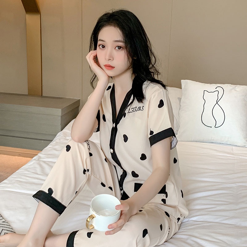 TELLY ➡️ 341set baju tidur Baru musim panas es sutra piyama wanita atasan lengan pendek + celana setelan homewear