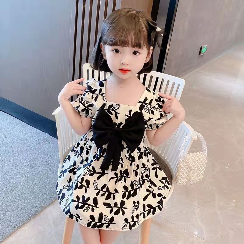 DRESS bunga anak cewek, DRESS IMPOR, HARGA MURAH DAN HARGA GROSIR. motif daun hitam putih, dress jalan-jalan, dress pesta