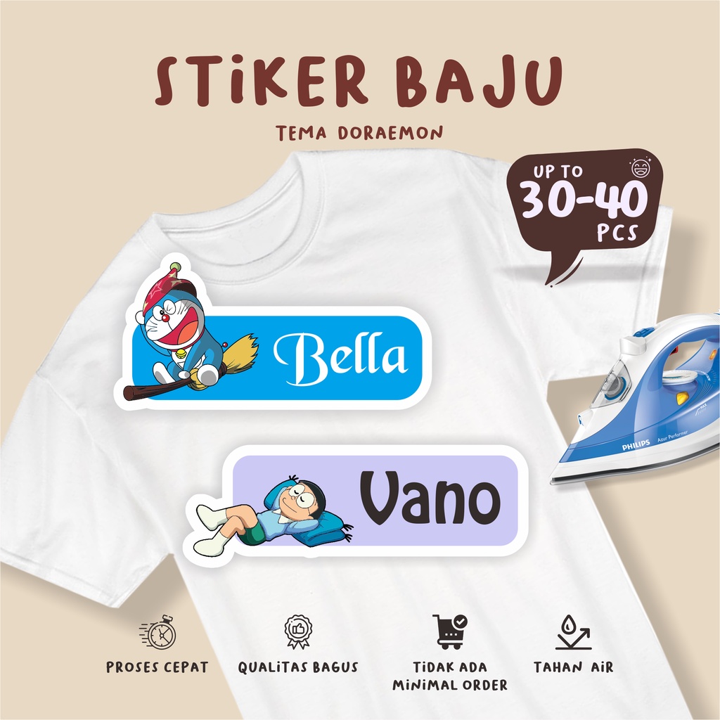 

(30-40pcs)free custom nama cetak Stiker Kain Label Baju Nama Anak tema DORAEMON / Sablon Setrika Name /Label Sticker Iron on sticker a/ K