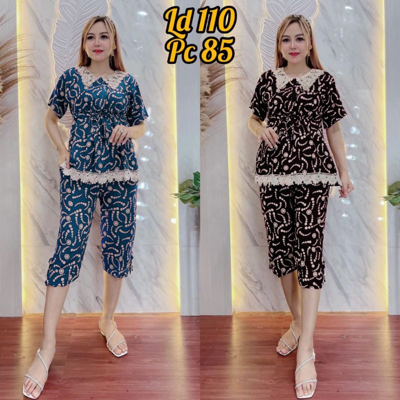 One Set Baju Wanita Busui Setelan 7/8 Motif Ulir Polkadot Bahan Rayon Kombinasi Renda Brokat Tali Se