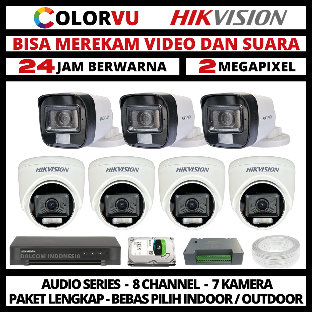 PAKET CCTV HIKVISION COLORVU 2MP 8 CHANNEL 7 KAMERA COLORFUL