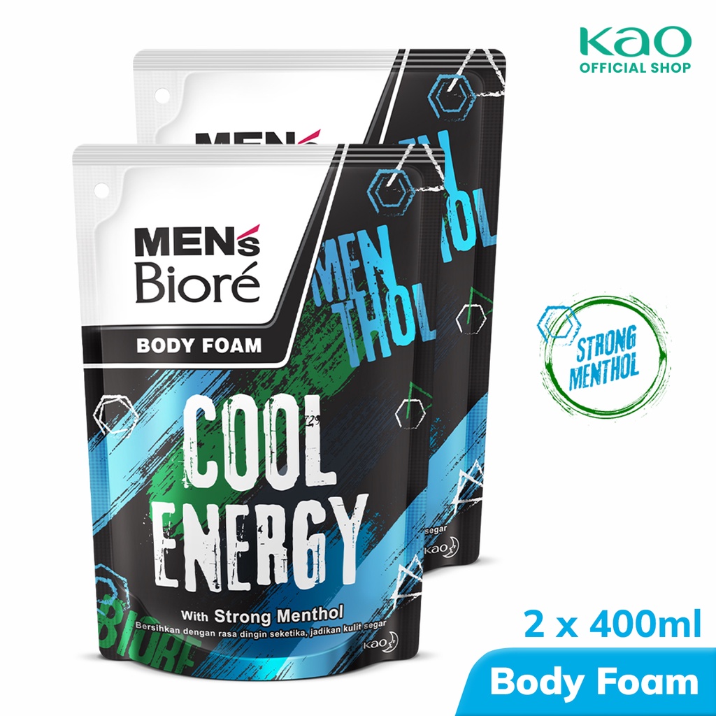 Men's Biore Sabun Mandi Cair Untuk Pria Cool Energy Strong Menthol Refill 400 ml Twin Pack - Sabun Cair Body Wash