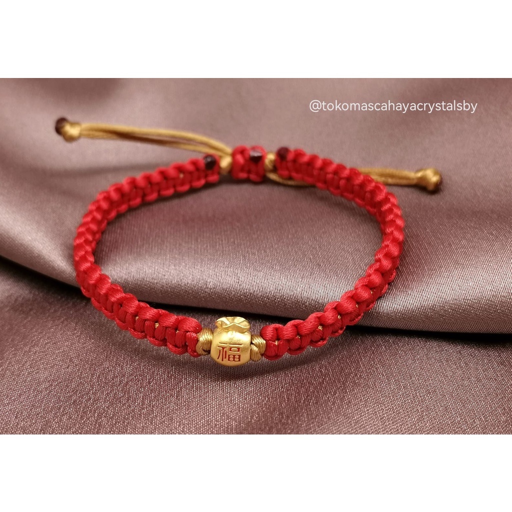 Gelang Charm Money Bag Fu Merah Emas kadar 24k HK Hongkong 999.9% 9999 & Gelang Serut (Kepang / Plin
