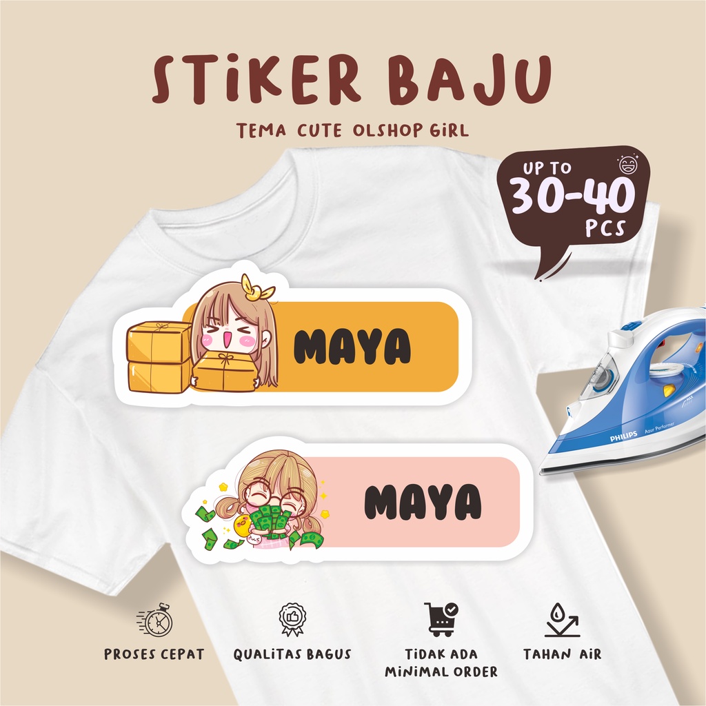 

(30-40pcs)dapat banyak /murah cetak Stiker Kain Label Baju Nama Anak tema CUTE OLSHOP GIRL / Sablon Setrika Name /Label Sticker Iron on stic