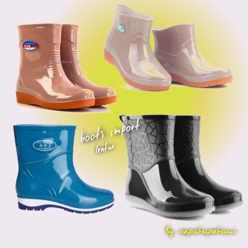 Sepatu Boot Boots But Wanita Import Karet Low Heels Lentur Anti air Banjir Keong Tinggi 21 Cm Kebun Taman Pasar Lembut PVC Sol Tebal Pantai APD Kesehatan on Slip Cewek Paku Beling Kaca Safety Bukan AP