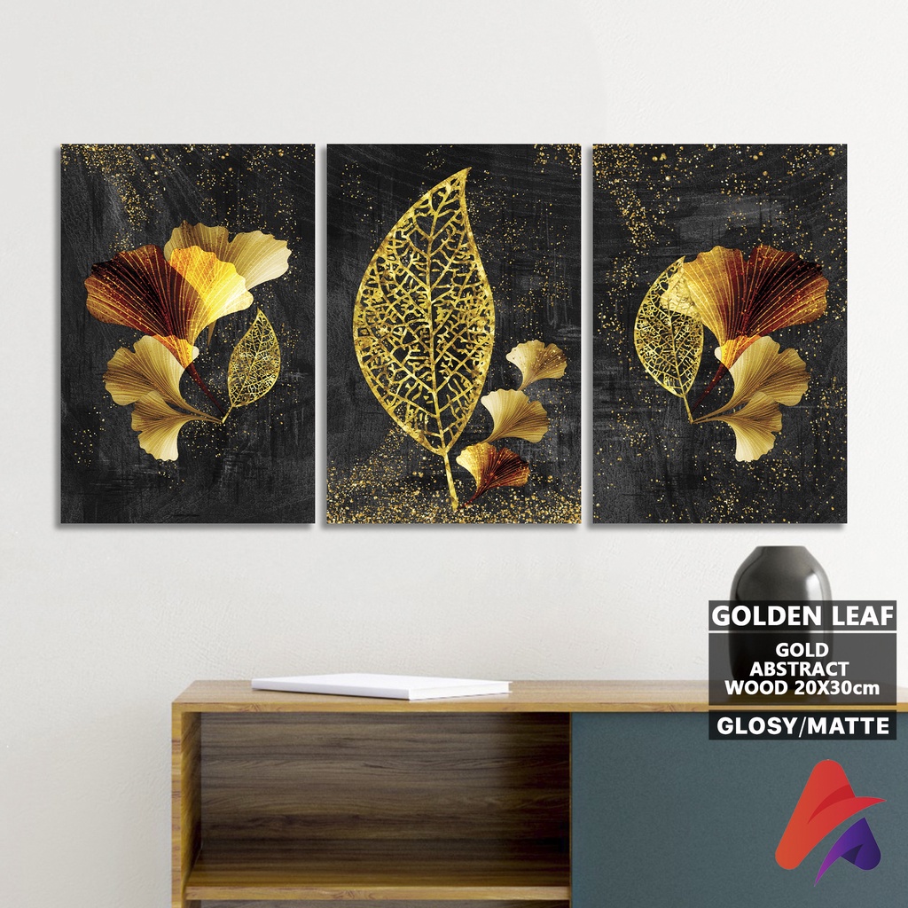 HIASAN DINDING BUNGA ABSTRAK GOLD AESTETIK (20X30CM) WALL DECOR PAJANGAN DINDING POSTER KAYU BUNGA MOSNTERA AESTETIK