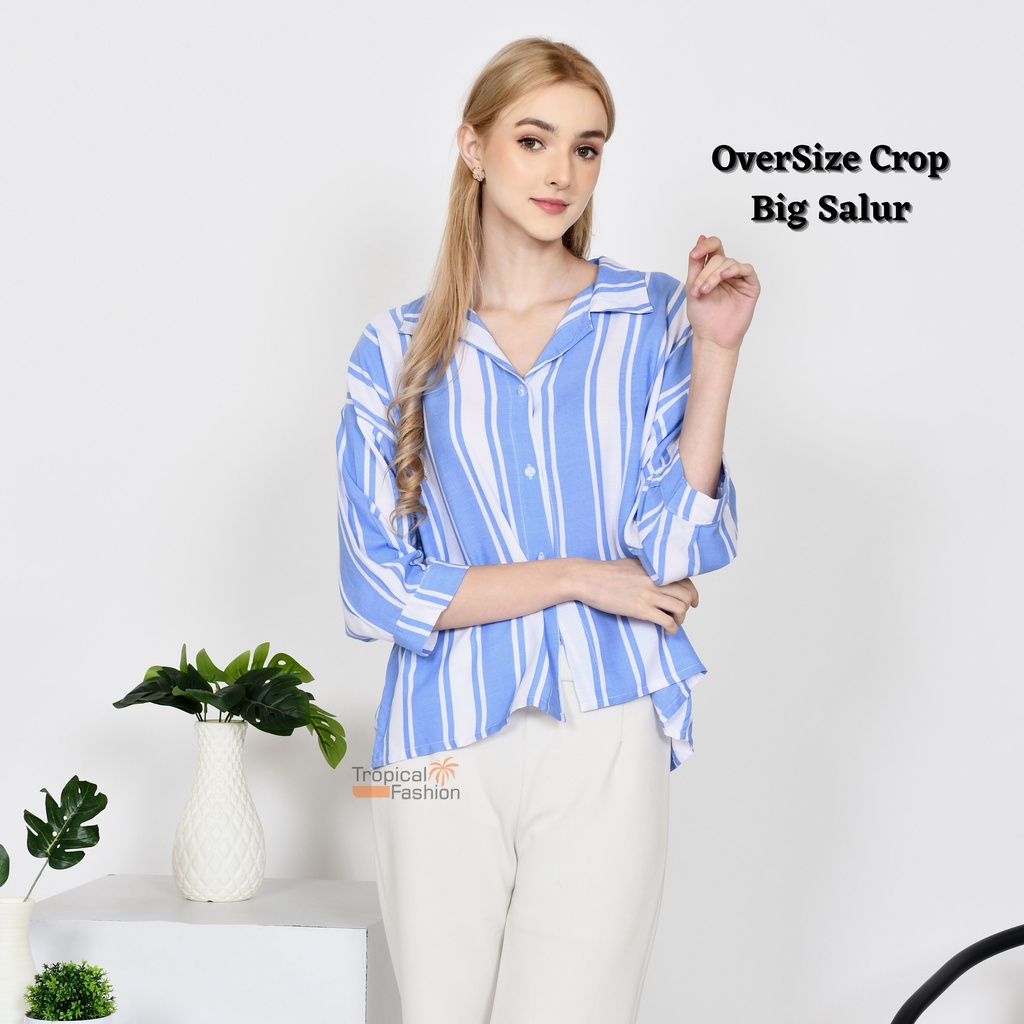 Kemeja Wanita OverSize Crop Motif BIG SALUR Garis Terbaru Kekinian l Cwek Style Korea