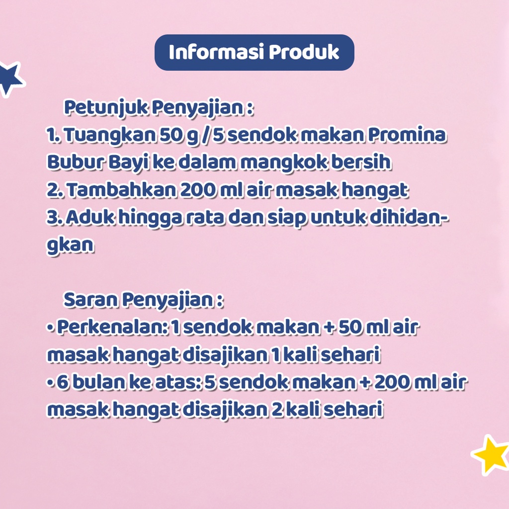 Promina Bubur Instan | Bubur Bayi Susu Mpasi | Makanan Bayi | 6 Bulan Keatas | 100gr | Beef Stew With Carrot | Cheezy Chicken Broccoli | Kacang Hijau | Steamed Chicken Mushroom