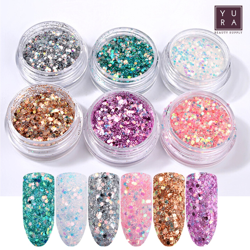 Bubuk Glitter Sequin Hexagonal Set 6 Nail art/ Bubuk Kasar Premium Nail art/ Hiasan Dekorasi Kuku