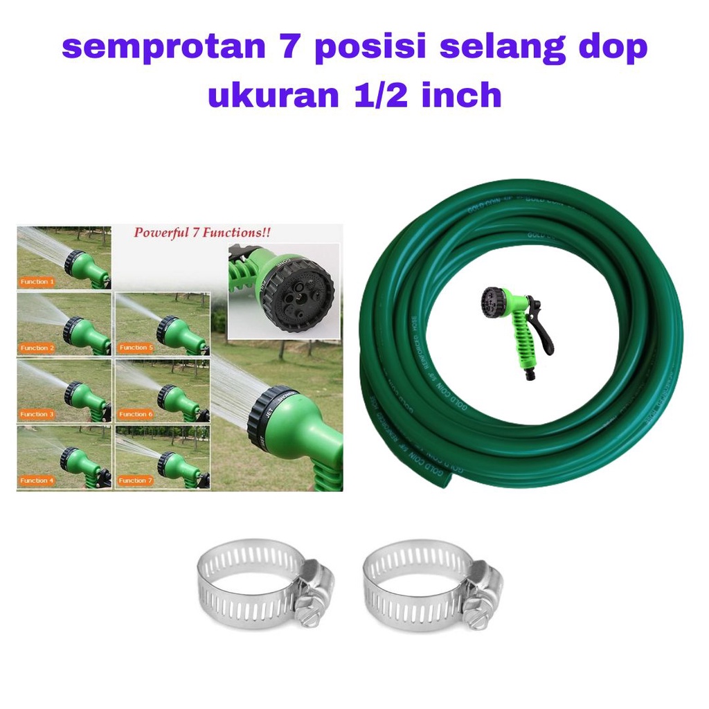 Set Selang Ukuran 1/2 / 5/8 Inch Kepala Semprotan Sprayer Tanaman Hoze Nozzle 7 Posisi Untuk Cuci Motor Mobil Peralatan Berkebun