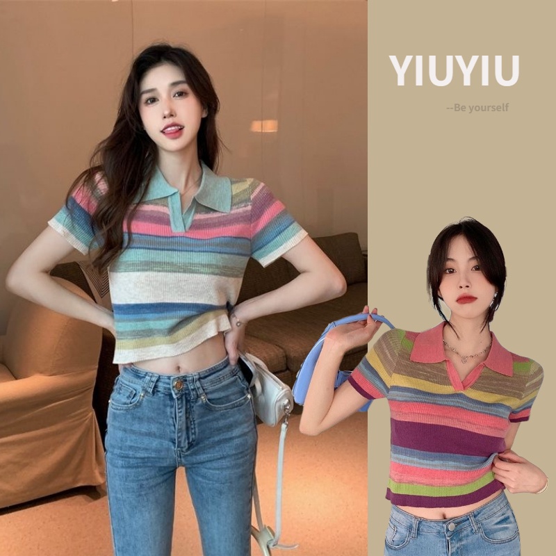 YIU YIU Rajut - Knitwear Top Korea Lengan Pendek Wanita Premium