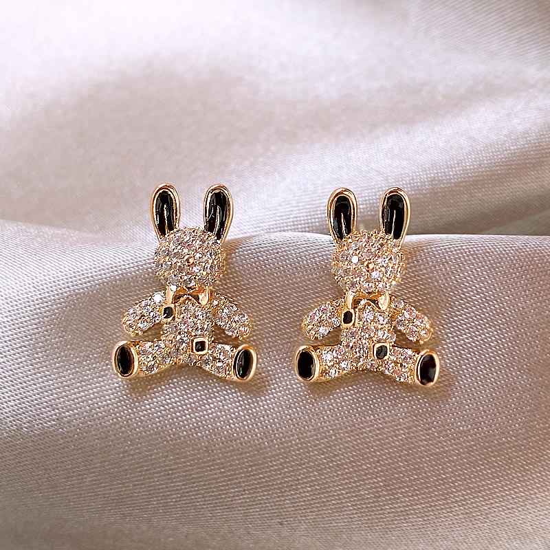 Anting Tusuk Gantung Temperament Bahan Metal Desain Kelinci Hias Berlian Imitasi Gaya Simple Untuk Wanita