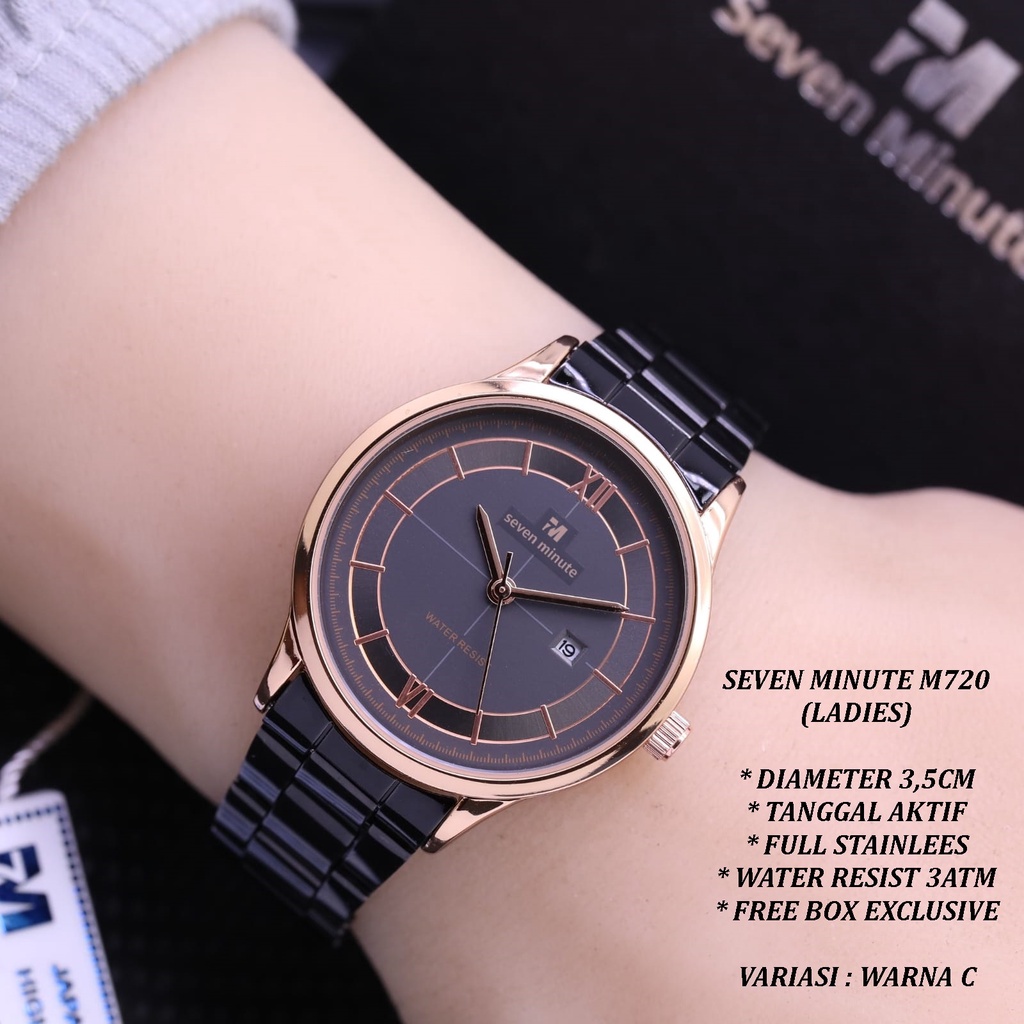 (FREE BOX) JAM TANGAN WANITA SEVEN MINUTE SM-019 FASHION RANTAI BODY BULAT TANGGAL AKTIF