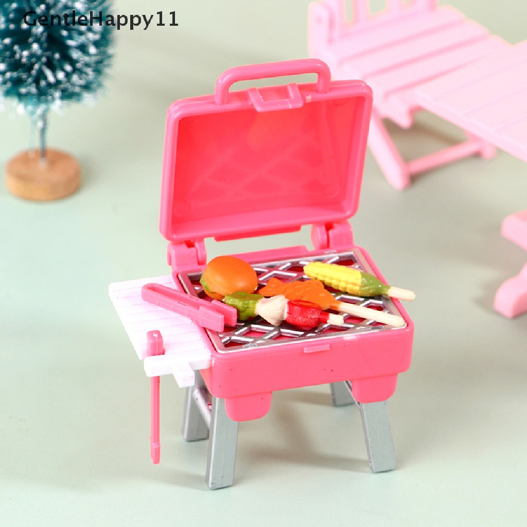 Gentlehappy1:12rumah Boneka Miniatur BBQ Pink Barbecue Grill Dengan Mainan Makanan Doll Decor Toy id