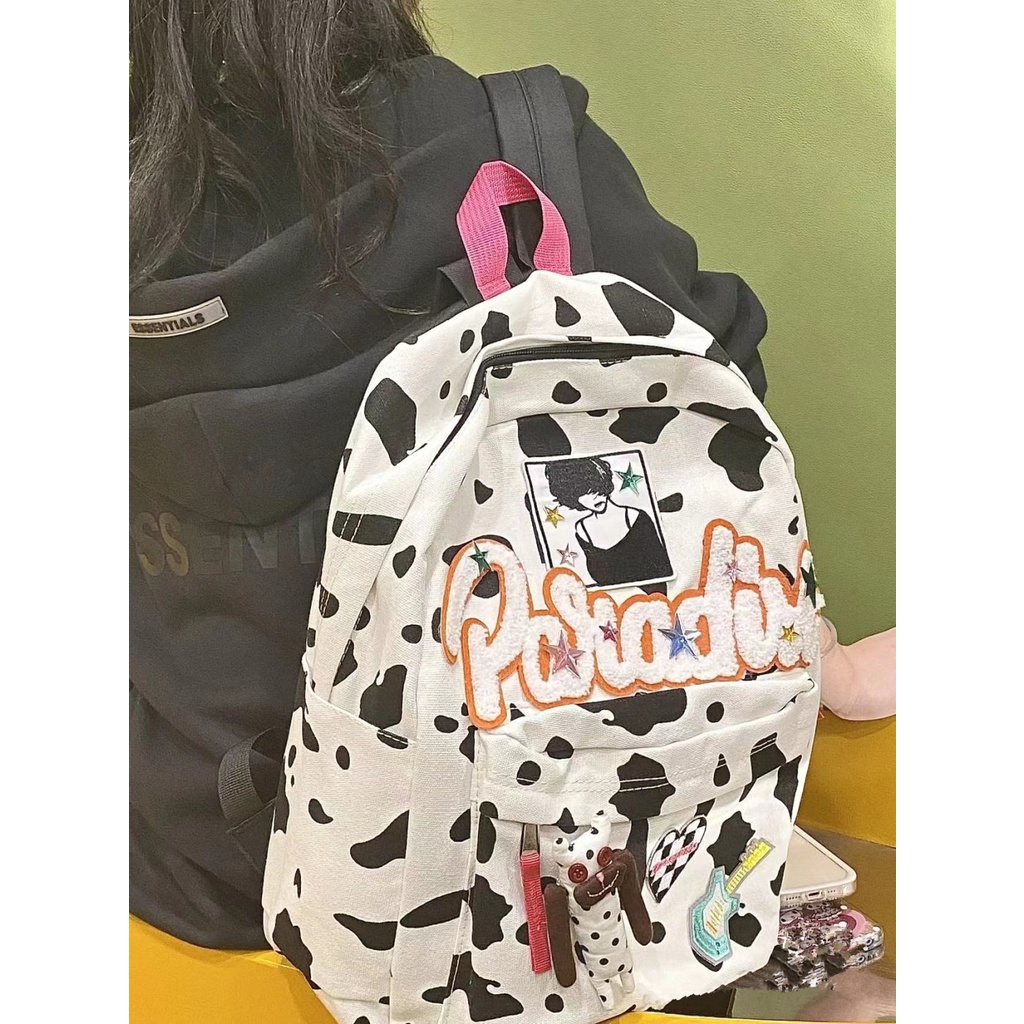 ✽♂№Asli Y2K Milenial Cute Kitty Ransel Merah Muda Sapi Garis Sekolah Niche Zipper Ransel Kasual