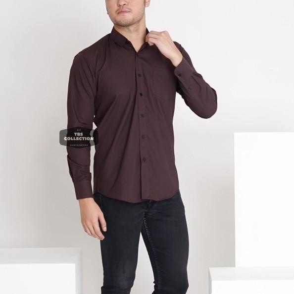 Baju Hem Kemeja Lengan Panjang Pria Coklat Dark Brown Polos Cowok 3242 - Cokelat Tua, M