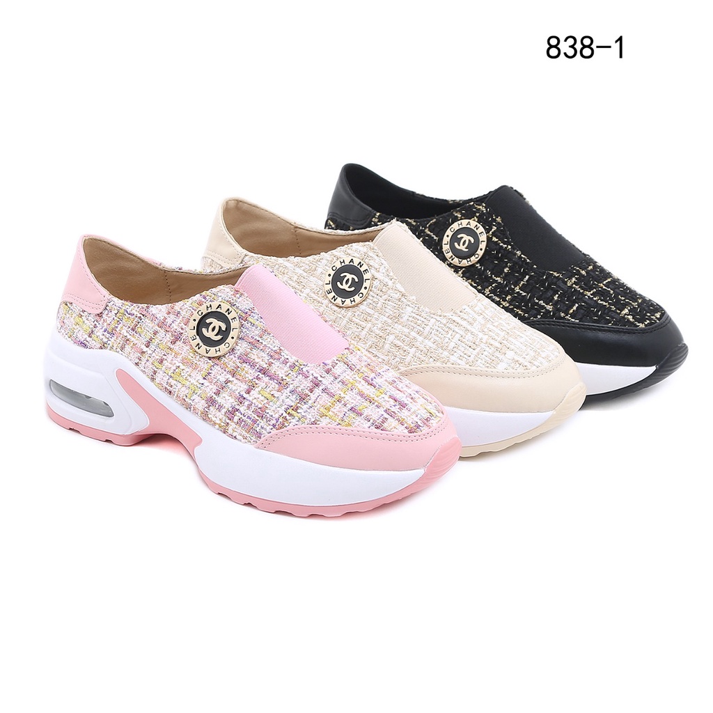 SEPATU WANITA BATAM IMPORT CHANEL TWEED SLIP ON SHOES 838-1 KWALITAS SEMI PREMIUM