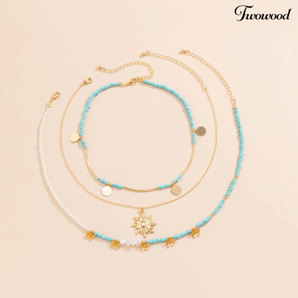 3pcs / Set Kalung Multilayer Liontin Mutiara Imitasi Gaya Bohemia Untuk Wanita