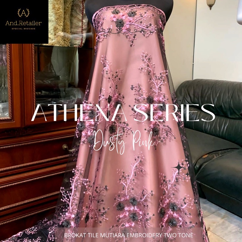 Bahan Kebaya Mewah Brokat Hitam Embroidery Stone Mutiara Athena 2 tone Dusty Pink