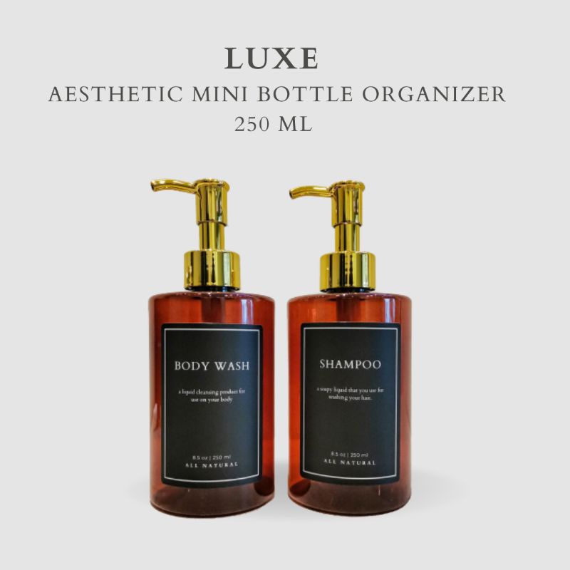 LUXE Botol MINI AMBER Label KOTAK HITAM 250 ml Aesthetic Bottle Refill | Botol refill sabun /botol refill sabun/ botol isi ulang/botol sabun refill/botol sabun/botol pump/botol anak/bathroom organizer/bathroom amenities