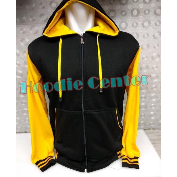 JAKET HOODIE ZIPPER RAGLAN VARSITY HOODIE RAGLAN JAKET RAGLAN POLOS - Hitam - Kuning, M