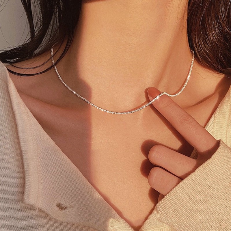 Fancyqube Kalung Choker Rantai Klavikula Model Datar Berkilau Untuk Wanita