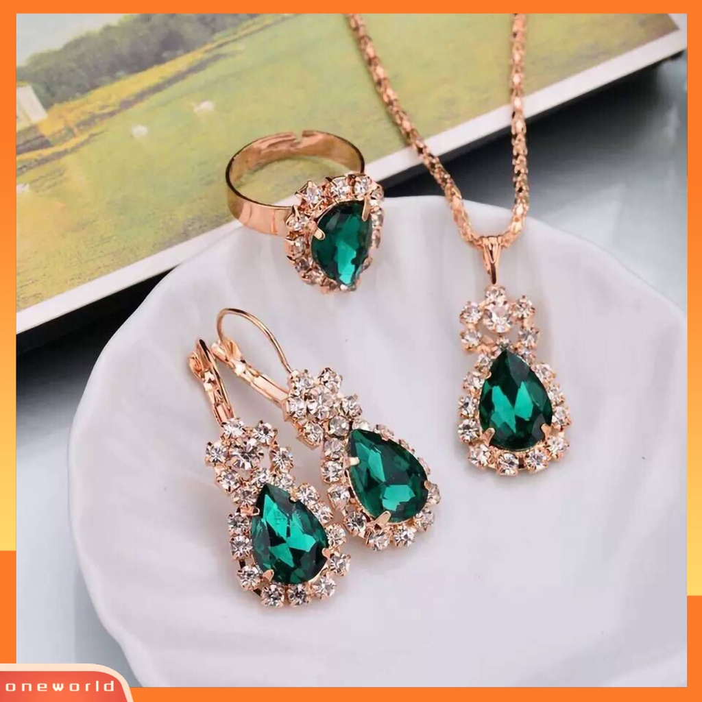 3pcs / Set Kalung Anting Cincin Liontin Water Drop Berlian Imitasi Bahan Alloy Warna Cerah